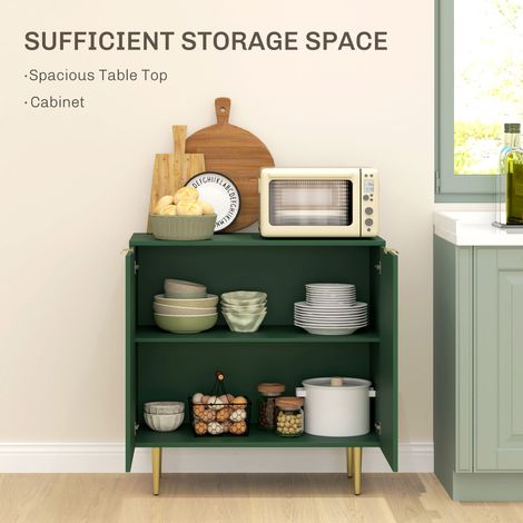 Buffet de cuisine moderne vert avec étagères réglables et pieds en métal pour une organisation optimale. (1/5)