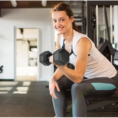 Haltères hexagonales 32,6x14,8x14,8 cm en fonte noire, gain de place pour salle de sport FloraGrace (1/5)