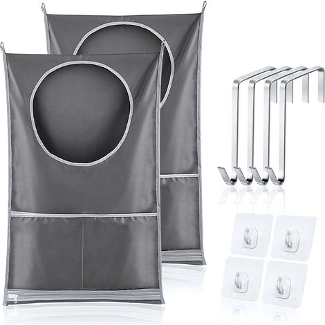 2PCS Hanging Laundry Bag, Hanging Laundry Basket Storage Bag with 2 Stainless Steel Door Hooks and 4 Suction Hooks, for Closet, Dorm Room, Bathroom (1/5)