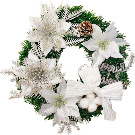 Weihnachtsschmuck, Weihnachtsdekorationen, silberner Weihnachtskranz, Weihnachtsset, Innendekoration, durchbrochene Weihnachtsblume, 30 cm, natürlicher Tannenzapfen/Naturbaumwolle/PVC-Drahtstütze. (1/2)