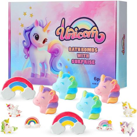 Coffret de 6 bombes de bain licorne avec jouets surprises à l'intérieur, des friandises pétillantes et colorées pour le spa des enfants et des amoureux des licornes