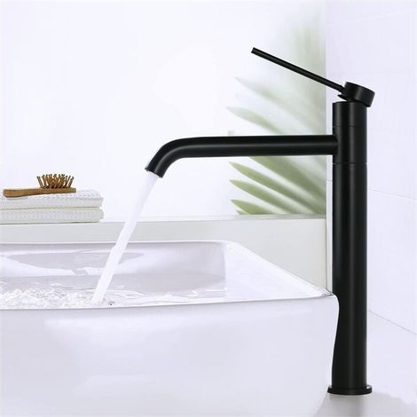 Grifo monomando para lavabo FOREHILL, negro mate, caño alto, caño giratorio 360°, acero inoxidable (SS304) para un diseño de baño moderno. (1/5)