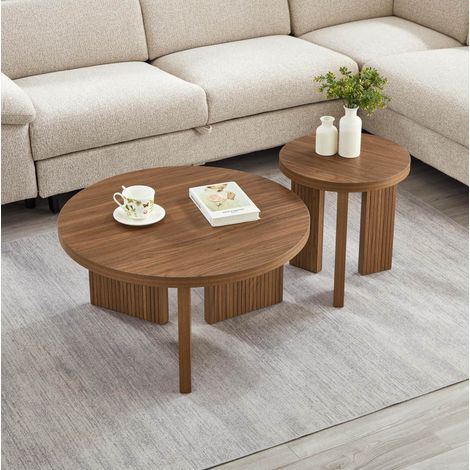 Set de 2 tables basses rondes avec structure rainurée, design stable, MDF, pour salon et bureau, marron noyer (1/5)