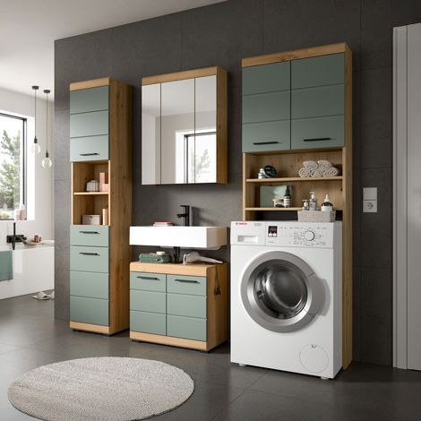 M&S – Ensemble de meubles de salle de bain chêne brun et kaki – Meuble de machine à laver avec rangement spacieux – Dimensions 63x24x191 cm