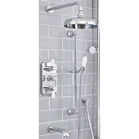Milano Elizabeth 3 Outlet Triple Diverter Thermostatic Mixer Shower Valve with Round Rainfall Shower Head Riser Rail Kit and Wall Mounted Bath Spout - Chrome & White (1/5)