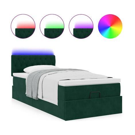Lit coffre avec matelas et éclairage LED, vert foncé, 80 × 200 cm, velours, espace de rangement généreux, velours doux et confortable, éclairage led d’ambiance, idéal chambre à coucher, style moderne (1/5)