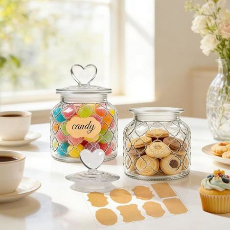 Lot de 2 bocaux à bonbons en verre 650 ml avec couvercle hermétique en forme de cur, parfait pour confiser DISTRIBUTEUR DE BONBONS (1/5)