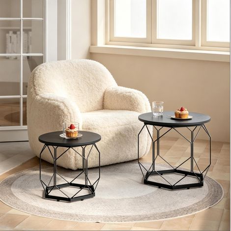 Set de 2 tables basses 50x50x45 / 40x40x36 cm noir aspect bois et métal avec rangement et plateaux amovibles (1/5)