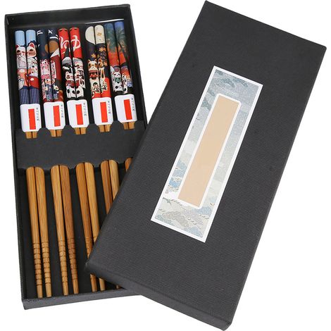 Lot de 5 paires de baguettes en bois lavables et durables, idéal pour maison, hôtel, cadeau de mariage (Motif chat) (1/5)