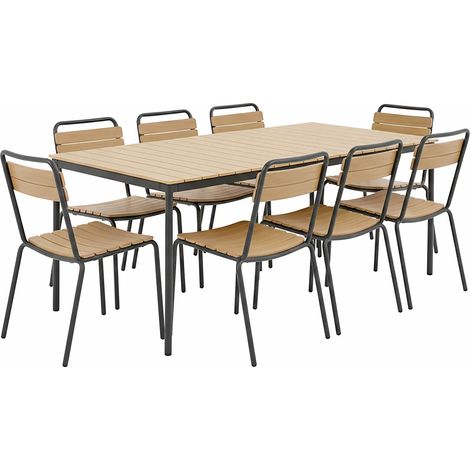 Ensemble table de jardin en métal et bois et 8 chaises gris