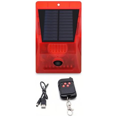 Alarme Solaire stroboscopique avec détecteur de Mouvement télécommandé Alarme extérieure Répulseur d'animaux Sirène de sécurité IP65 protégée par l'eau pour Villa, Grange, Cour de Ferme (1/5)