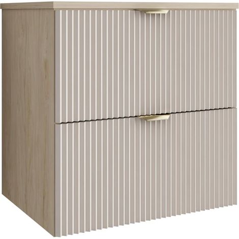 Mobile da bagno con frontale scanalato 60 cm con 2 cassetti, noce chiaro (MDF), con frontale cashmere, con maniglia dorata, 60 x 47 x 60 cm (1/5)
