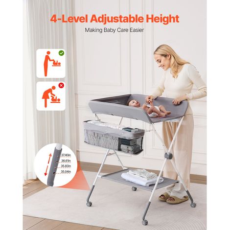 Table à langer bébé pliante, commode change couches avec panier latéral, hauteur réglable, roues verrouillables, rangement multifonction nursery, gris clair (1/5)