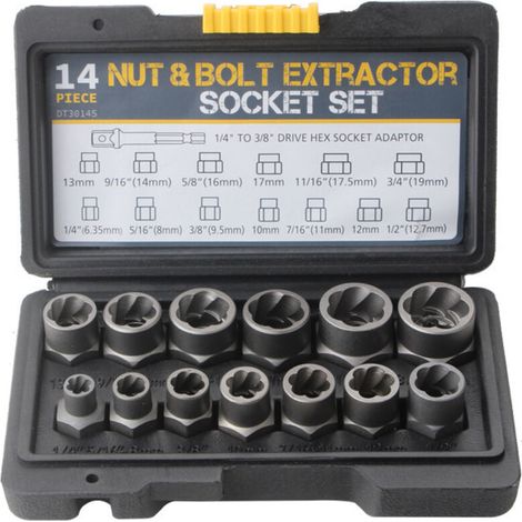 Coffret de 14 extracteurs d'écrous – Douilles pour boulons endommagés – Outils pour retirer boulons corrodés – Adaptateur hexagonal inclus