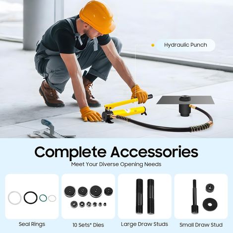 Perforatrice hydraulique 15T - Avec 10 matrices - En acier inoxydable - Jaune - Mallette portable - Atelier - Montage industriel - Pour serrurier (1/5)