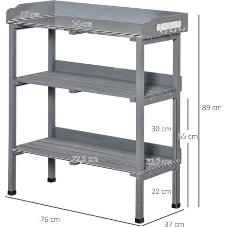Table de jardinage à fleurs bois gris 76x37x89cm, plateau métal pour plantation et entretien (1/4)