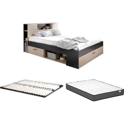 Vente-Unique – Lit avec tiroirs 140 x 190 cm – Tête de lit avec rangements – 2 tiroirs et 9 niches – Panneau mélaminé éco-responsable