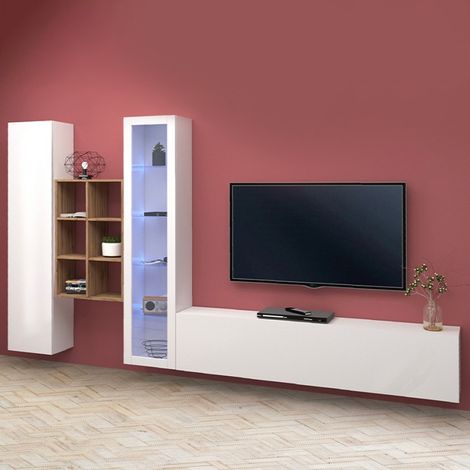 Parete Attrezzata Moderna per Soggiorno 320x30x180cm - ECHO - Colore: bianco laccato lucido (1/5)