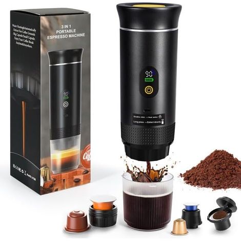 Mini Machine à café portable, électrique à capsules, compatible avec capsules et poudre, chauffage instantané pour camping, voiture, voyage, Noir (1/5)