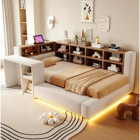 Lit enfant rembourré 90x200 cm avec LED, rangements intégrés, tête de lit capitonnée avec prises, table de chevet et dossier rembourré, velours beige (1/5)