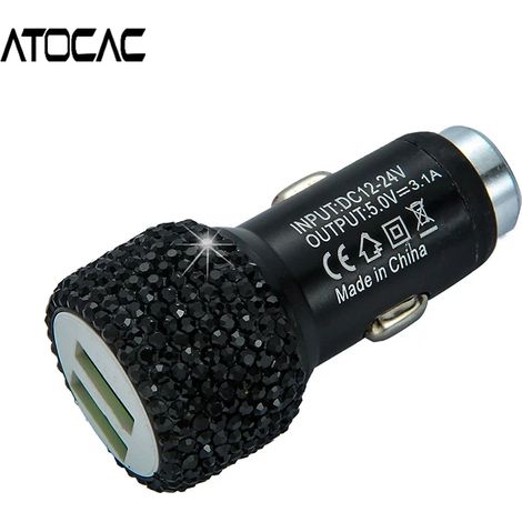 Chargeur de voiture USB double port Bling avec cristaux et diamants, prise de charge rapide pour téléphone, adaptateur multiport, connecteur décoratif à paillettes et marteau inclus. (1/5)