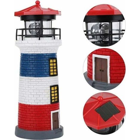 Phare solaire décoratif style nautique – IP44 étanche, veilleuse LED rouge rotative – Pour allée, jardin ou terrasse