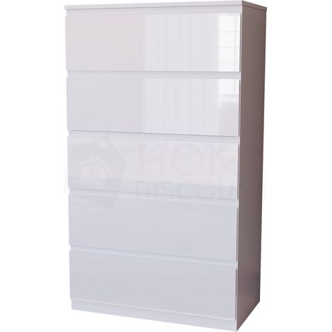 Glinton 5 Drawer Chest of Drawers High Gloss Bedroom Storage Furniture, 100% FSC, White (1/5)