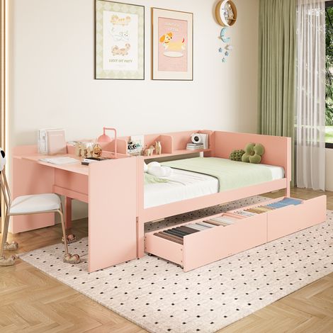 DESVIAE Lit plat multifonction 90 x 200 cm avec bureau intégré, 2 tiroirs cachés, 3 étagères, pin et panneau de particules, rose (1/5)