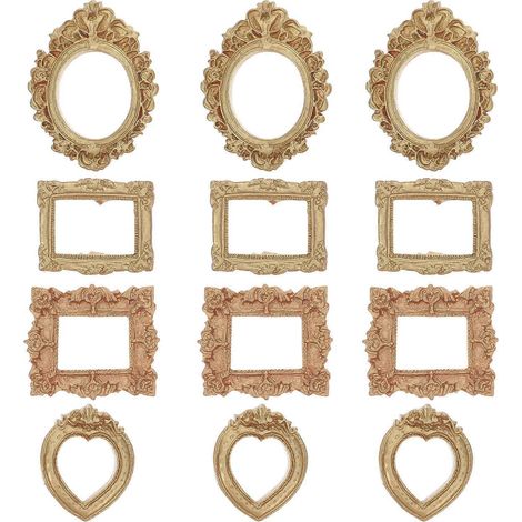 Lot de 12 mini cadres photo : Cadres photo dorés vintage pour maison de poupée - Ornements miniatures ovales en résine en forme de cœur, à accrocher au mur ou à utiliser sur une table pour présenter d (1/4)