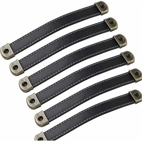 Lot de 6 poignées en cuir Poignées de meubles vintage en cuir–Poignées d'armoire poignées cuir poignee meuble de cuisine noir Entraxe 160mm Noir Hole distance 160mm (1/4)