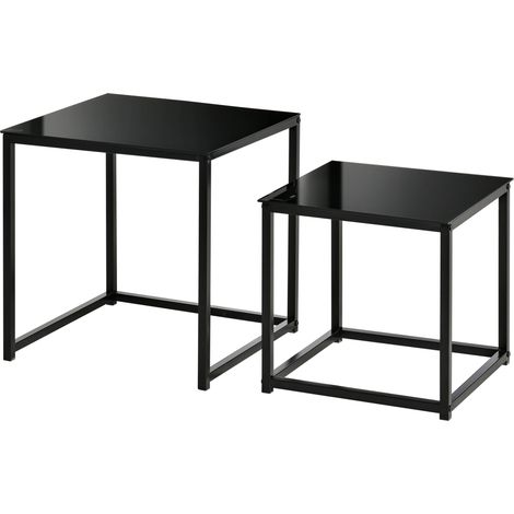 Set de 2 tables basses carrées modernes, en acier et verre trempé, noir (1/5)