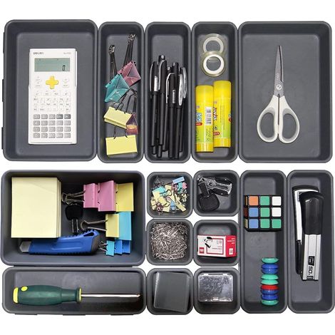 Tiroir Organisateur Empilable - Séparateur de Tiroir à Enclenchement - Pour Bureau Salle de Bain Cuisine Maquillage - Gris - 15 Pièces (1/5)