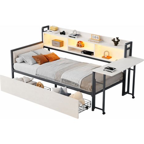 Canapé-lit 90 x 200 cm avec LED, rangement, bureau escamotable et prise multifonction, structure métal blanc, convertible pour chambre - CHICFURN (1/5)