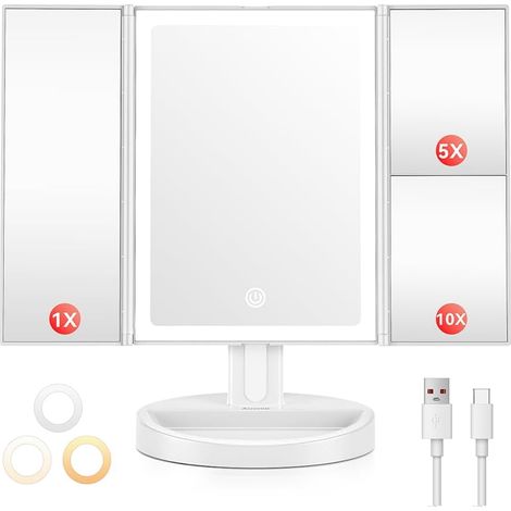Miroir Maquillage Grossissant Lumineux avec 68LED, Miroir Grossissant 10x /5X /1x, Mirroir Coméstique Rechargeable USB 2000mAh, Mirroir Lumineux Triptyque, Écran Tactile, Rotatif à 180 °, Blanc (1/5)