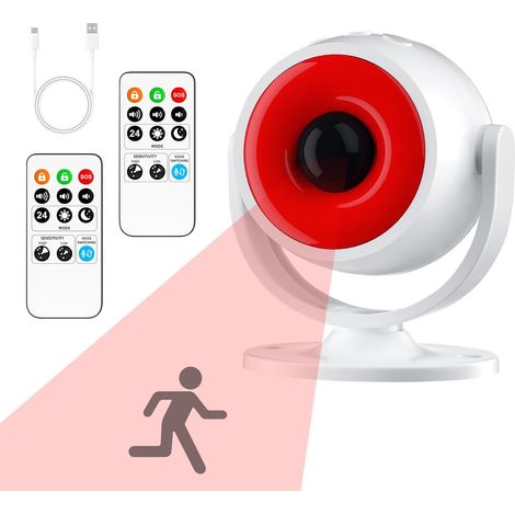 Alarme Détecteur de Mouvement avec 2 Télécommandes, Sirène 120dB, Volume Réglable, USB ou Batterie, pour Maison et Magasin