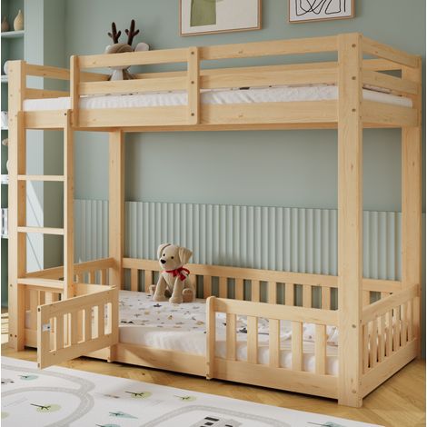 Letto a soppalco in legno massello di pino naturale 90x200 cm con scala ad angolo, parapetti e spazio libero inferiore (1/5)
