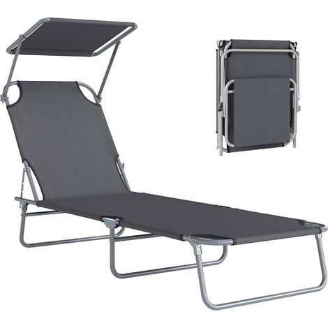 Transat Bain de Soleil Pliable Chaise Longue Pliante Grand Confort Dossier Inclinable Multi-Positions et Pare-Soleil Réglable 187L x 58l x 36H cm Gris (1/5)