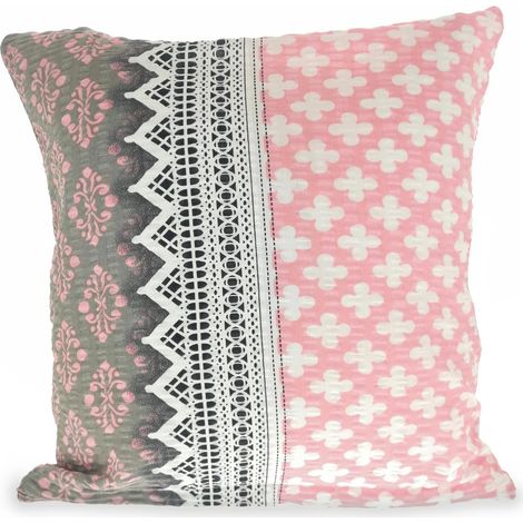 Federa in seersucker 40x40 con motivo in pizzo rosa e grigio e fiocchi