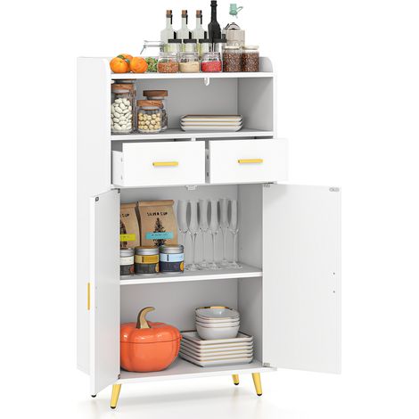Meuble Salle de Bain Rangement, Armoire Salle de Bain avec 2 Tiroirs Placard à 2 Portes, Compartiment Ouvert, Étagère Réglable, 30 x 60 x 113CM, Blanc (1/5)