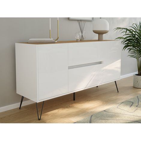 Sideboard Yako 140cm 2 SoftClose 2 Türen Weiß/Eiche Top