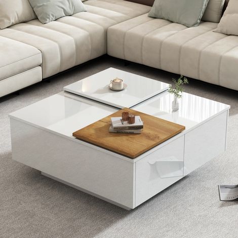 Table basse carrée 75x75x33 cm blanc brillant, 4 tiroirs cachés, plateau coulissant, MEUBLIV (1/5)