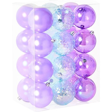 Set of 24 Christmas Baubles Violet Plastic Hanging Decor Modern Style Christmas Balls Holiday Tree Holographic Effect ASNEN