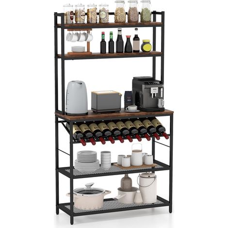 COSTWAY Étagère de Cuisine à 6 Niveaux, Support pour Micro-Ondes Autoportant, Porte-Bouteille de Vin Incliné, 2 Étagères en Maille, Style Industriel, pour Cuisine, Salle à Manger, Marron Rustique (1/5)