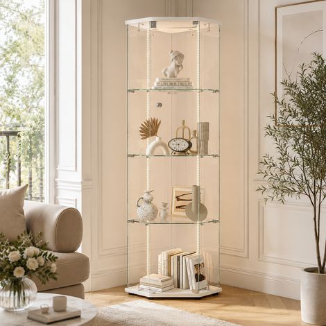 Vitrine en Verre Pentagonale avec Bande LED, Vitrine Armoire avec 1 Porte 4 Étagères et Serrure, Verre Trempé, 60x40x162 cm,Blanc