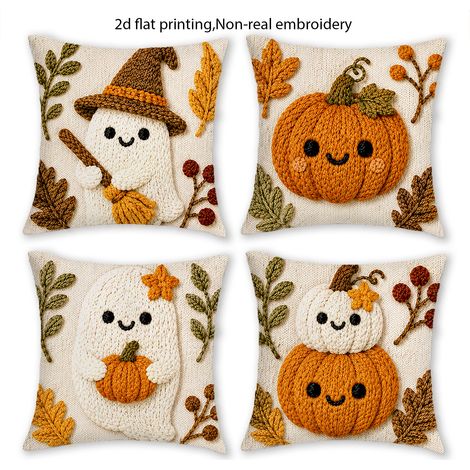 Lot de 4 Housses de Coussin Halloween 45 x 45 cm, Motifs Fantôme, Citrouille et Feuilles d'Érable, Décoration Rustique (1/5)