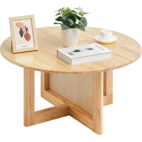 VEVOR Rattan Coffee Table, Round Rattan Woven Wood Coffee Table with Rubber Wood Top, 33 in Modern Boho Circular Storage Coffee Table with Natural Wood Legs, for Living Room, Bedroom & Small Spaces (1/5)