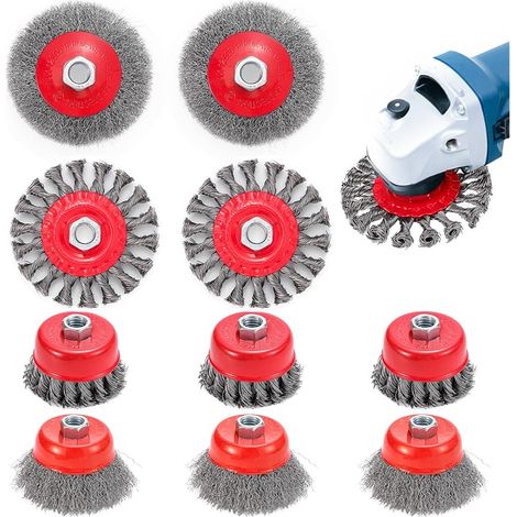 Lot de 10 brosses métalliques pour meuleuse d'angle, 75 mm et 100 mm avec filetage M14, brosse métallique pour le nettoyage, l'élimination de la rouille et le meulage (1/5)