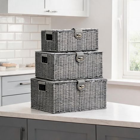 Set de 3 paniers de rangement en rotin PE avec couvercles et grau (1/5)