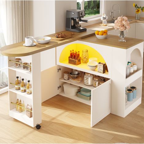 Table bar extensible mobile avec rangement et LED, 135-205 x 39 x 100 cm, blanche HAVRYA (1/5)