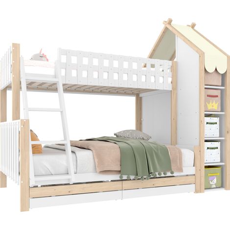 Lit superposé enfant 90x200 cm et 140x200 cm avec barrières, escalier, 2 tiroirs, rangement intégré, blanc et bois clair, CHICFURN (1/5)